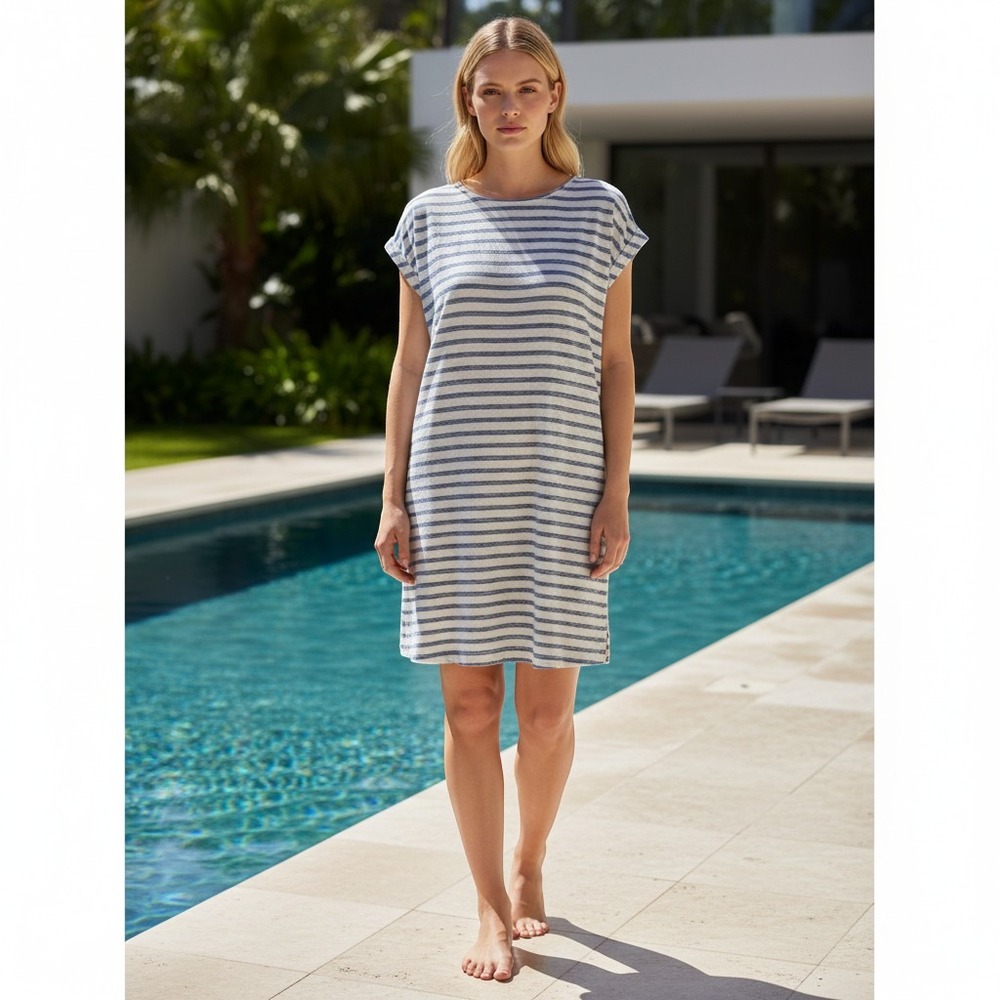 Tahari Linen Shift Dress Size XS Blue White Striped Cap Sleeve Coastal Resort